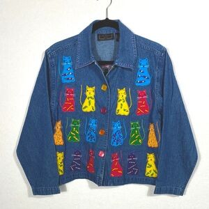 Colorful Cat Embroidered Denim Jacket with beading size Small Petite
